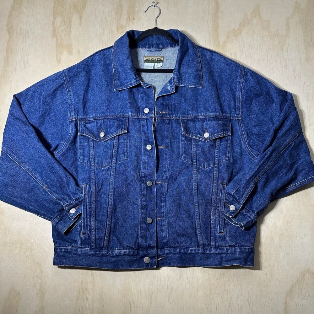 Vintage Eagles Ridge Dark Blue Denim Jean Jacket American Flag Men’s Size XL